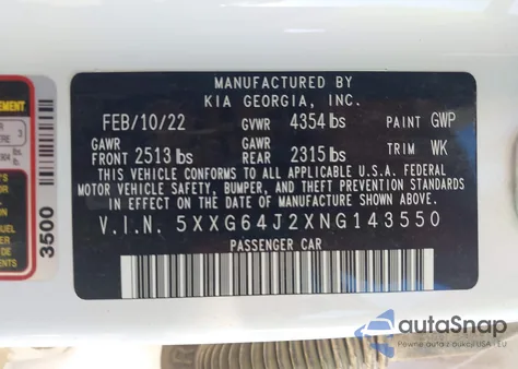 2022 Kia K5 Gt-Line z USA, uszkodzony, nr VIN 5XXG64J2XNG143550